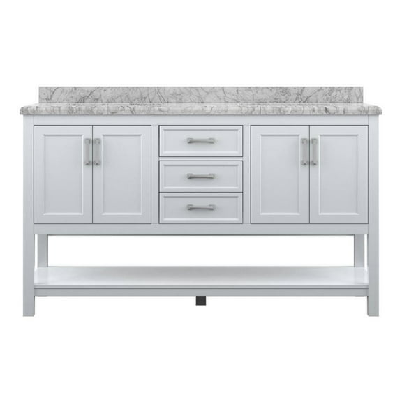Pemberly Row 61" Bath Vanity in White with Carrara White Marble Top