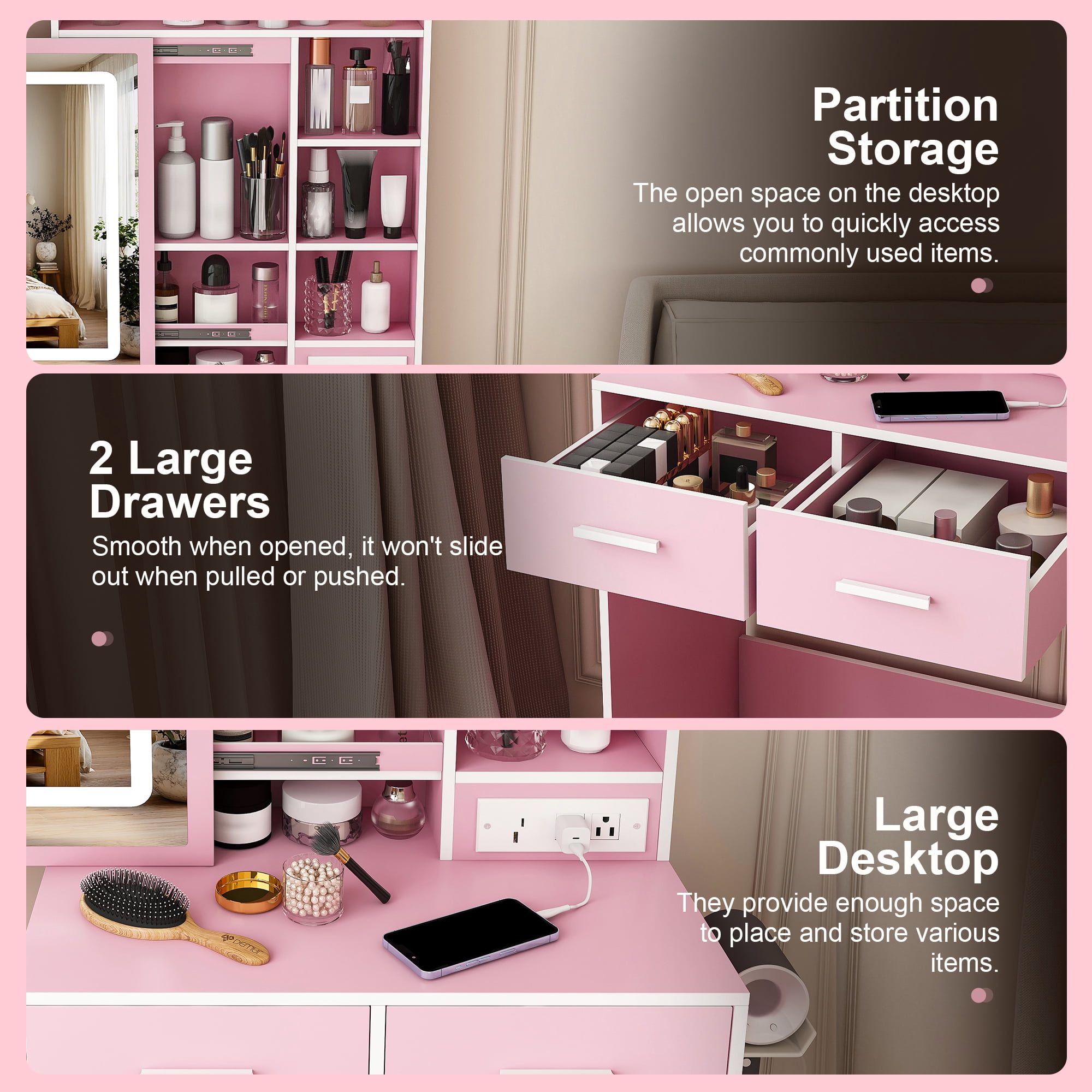 Mintazer Vanity Desk with LED Lighted Mirror, Power Outlets & Cushioned Stool, Makeup Vanity Table with Drawers & Storage Shelves for Girls Bedroom, Pink