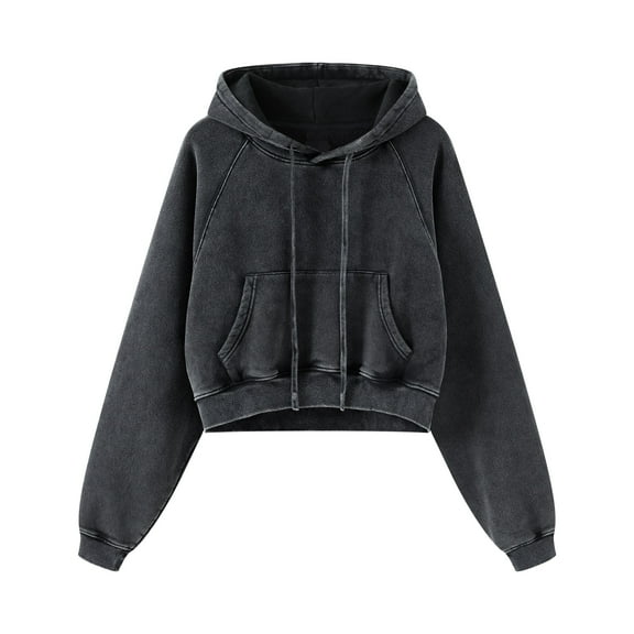 BEGOING Women's Long Sleeve Cropped Hoodies Casual Pullover Hooded Sweatshirts,Heavyweight Retro Washed Crop Tops Sweatshirt Drawstring Hooded Workout Shirts Solid Loose Fit Tee Shirt,Black S-XL