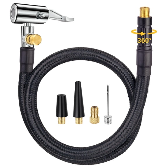 Upgraded 21" Tire Inflator Hose Adapter, 360° Rotating End, Self-Locking Quick Connect Air Chuck, Includes Presta Valve & Ball Needle for Portable Air Compressor