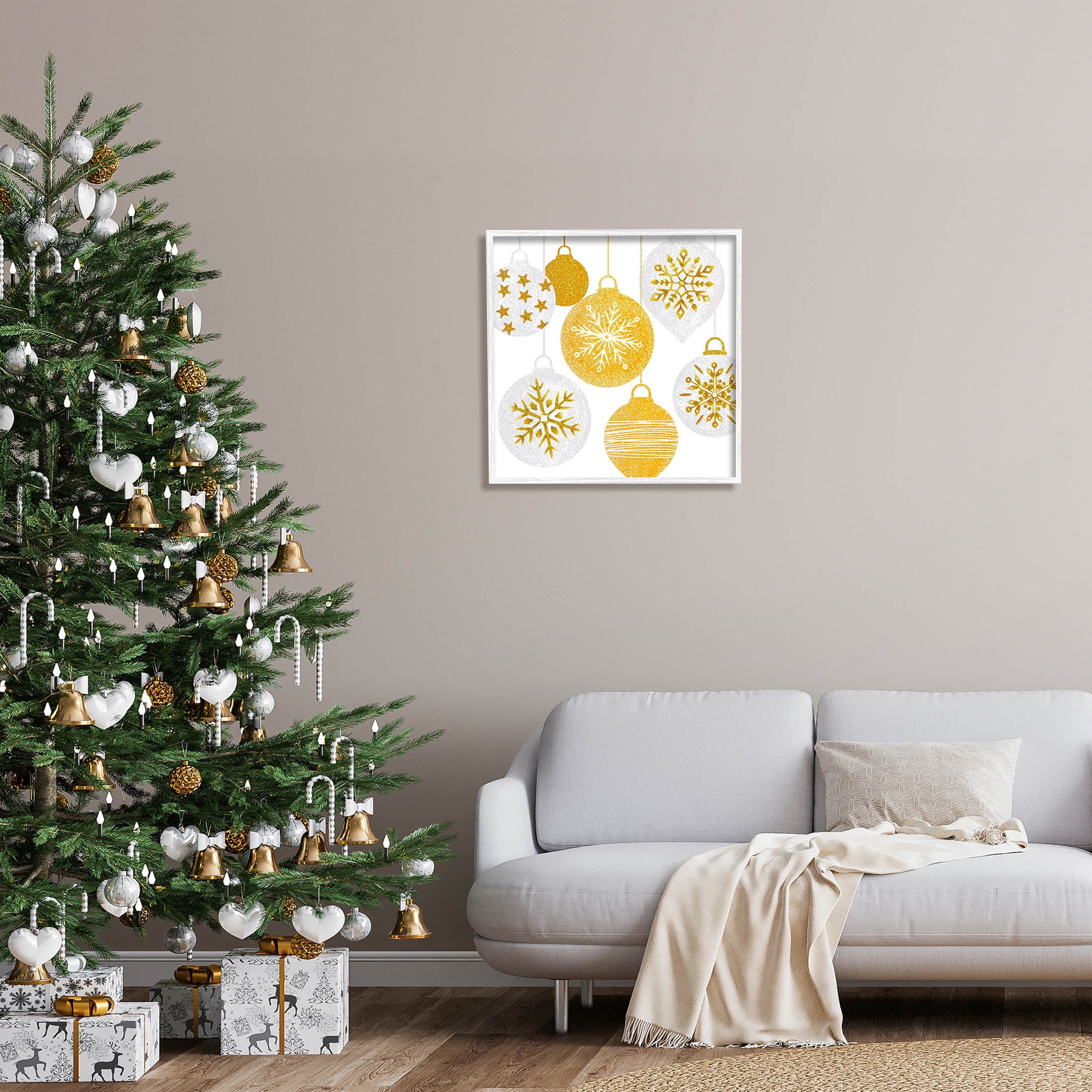 Glimmering Hanging Christmas Baubles Holiday Graphic Art White Framed Art Print Wall Art