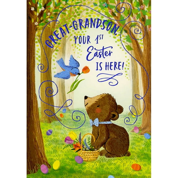 Designer Greetings Small Bear and Blue Bird Collecting Flowers in Basket 1st : First Easter Card for Great-Grandson