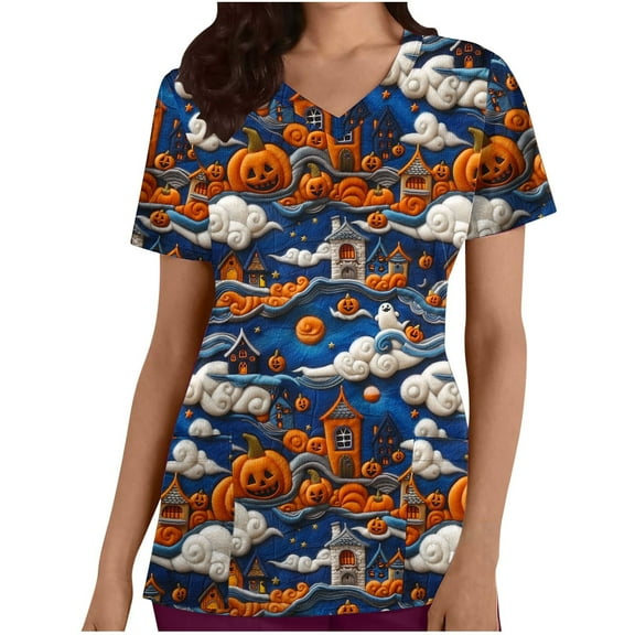 SwiftWear Halloween Scrub Tops for Women Cute V-Neck Pumpkin Printed Nursing Work Uniforms Holiday Tee Shirt with 2 Pockets S