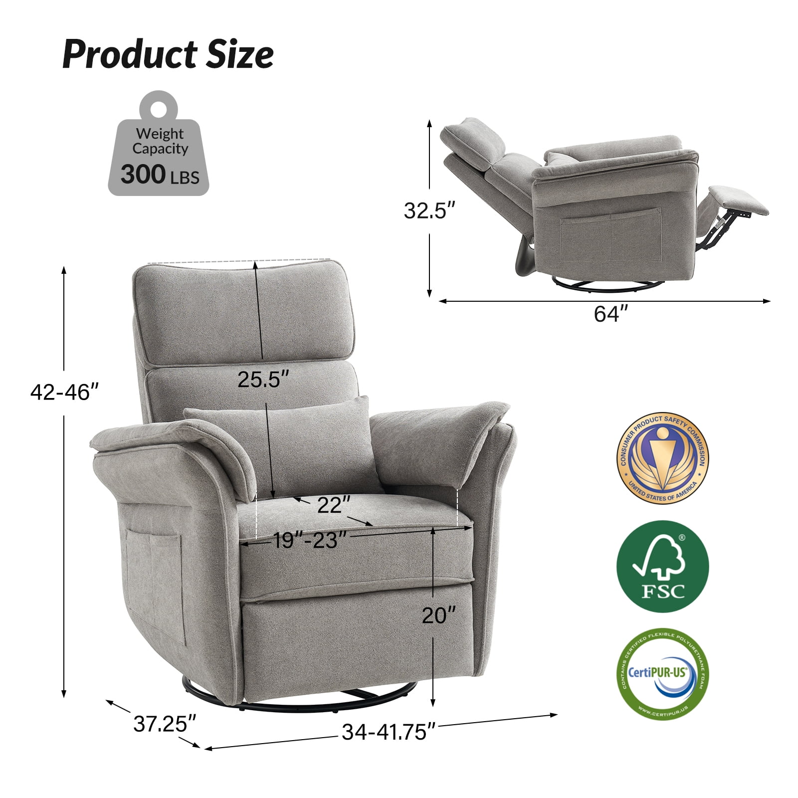 Nursery Recliner Chair Electric Power Glider Swivel Rocking with USB, Waterproof Stain-resistant, Gray