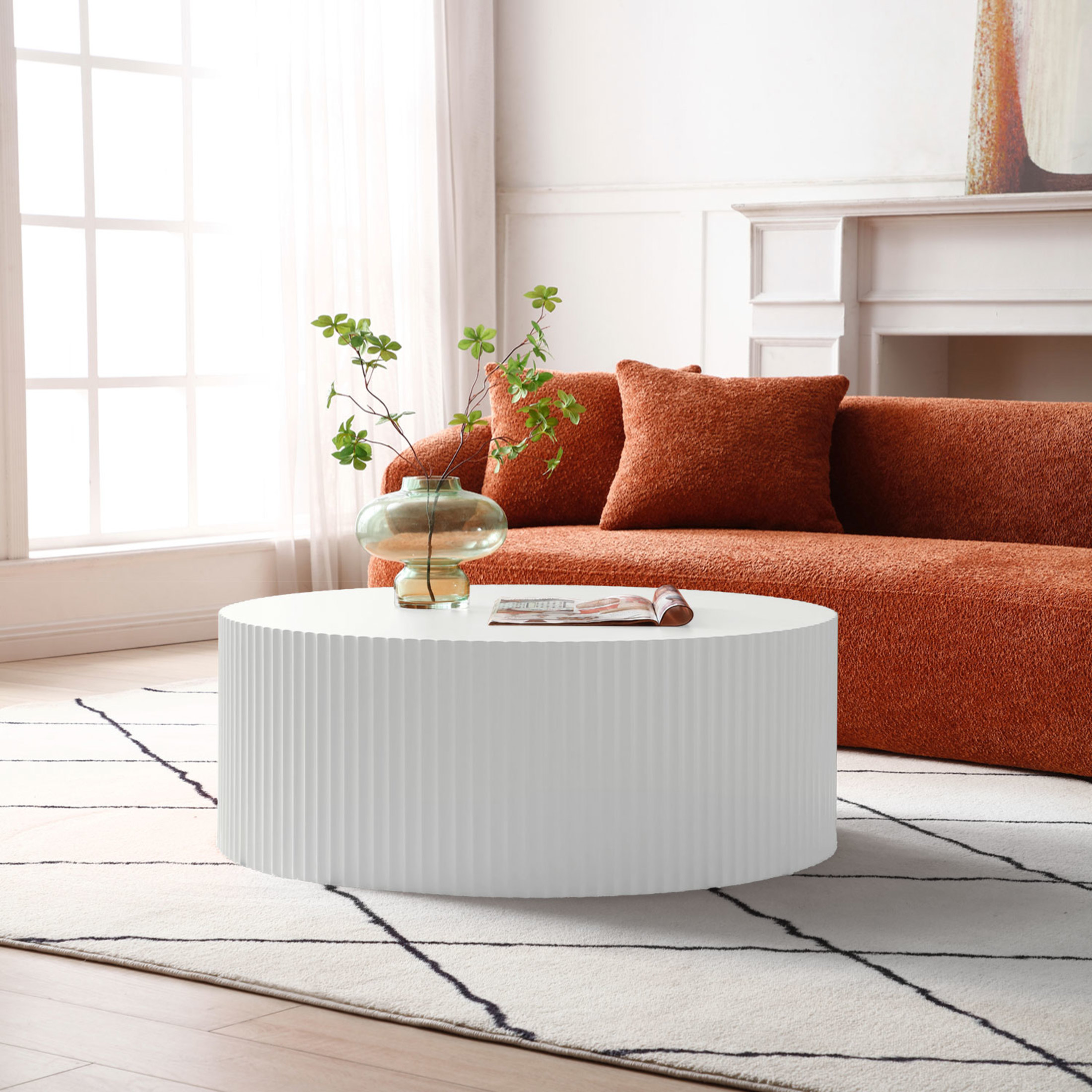Noble House 35.43" Contemporary Round Coffee Table, MDF Drum with Handcrafted Relief, Modern Painted Finish, White