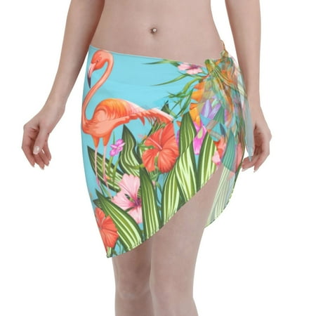 Adobk Women Beach Sarong Bathing Suit Tropical Jungle Flamingo Print Wrap Skirt Sheer Bikini Swimsuit Cover Ups For Swimwear