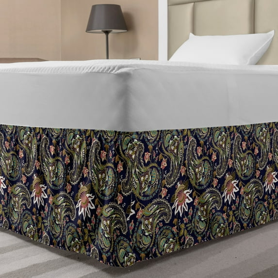 Jacobean Bed Skirt, Floral Vintage Nostalgia Pattern with Paisley Repetition, Elastic Bedskirt Dust Ruffle Wrap Around for Bedding Decor, 4 Sizes, Indigo Multicolor, by Ambesonne