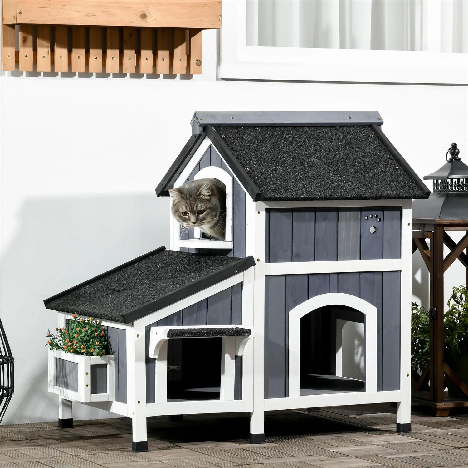 Pefilos 37" Outdoor Weatherproof Cat House with Garden Bed, Multiple Entrances, Wooden Feral Shelter for Cats and Small Animals, Gray