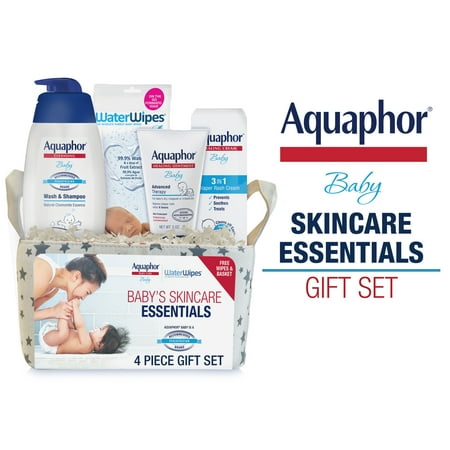 Aquaphor Baby Skincare Essentials With WaterWipes, 4 Piece Baby Gift Set - Aquaphor Baby Wash & Shampoo, Aquaphor Baby Healing Ointment, and Aquaphor Diaper Rash Cream
