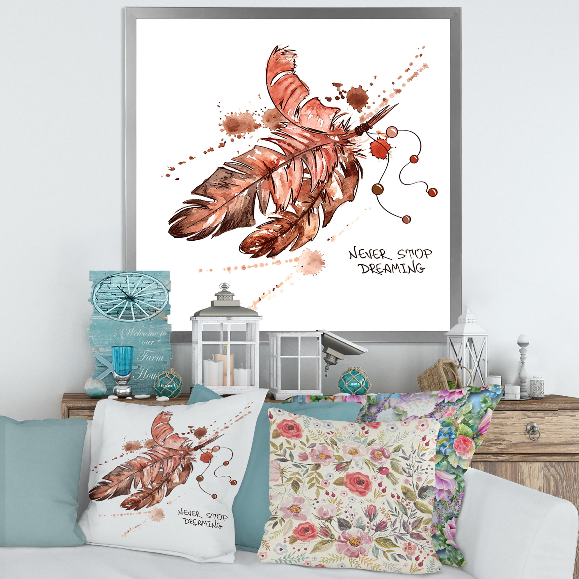 Designart 'Bird Feathers In Earth Tones Never Stop Dreaming' Bohemian & Eclectic Framed Art Print