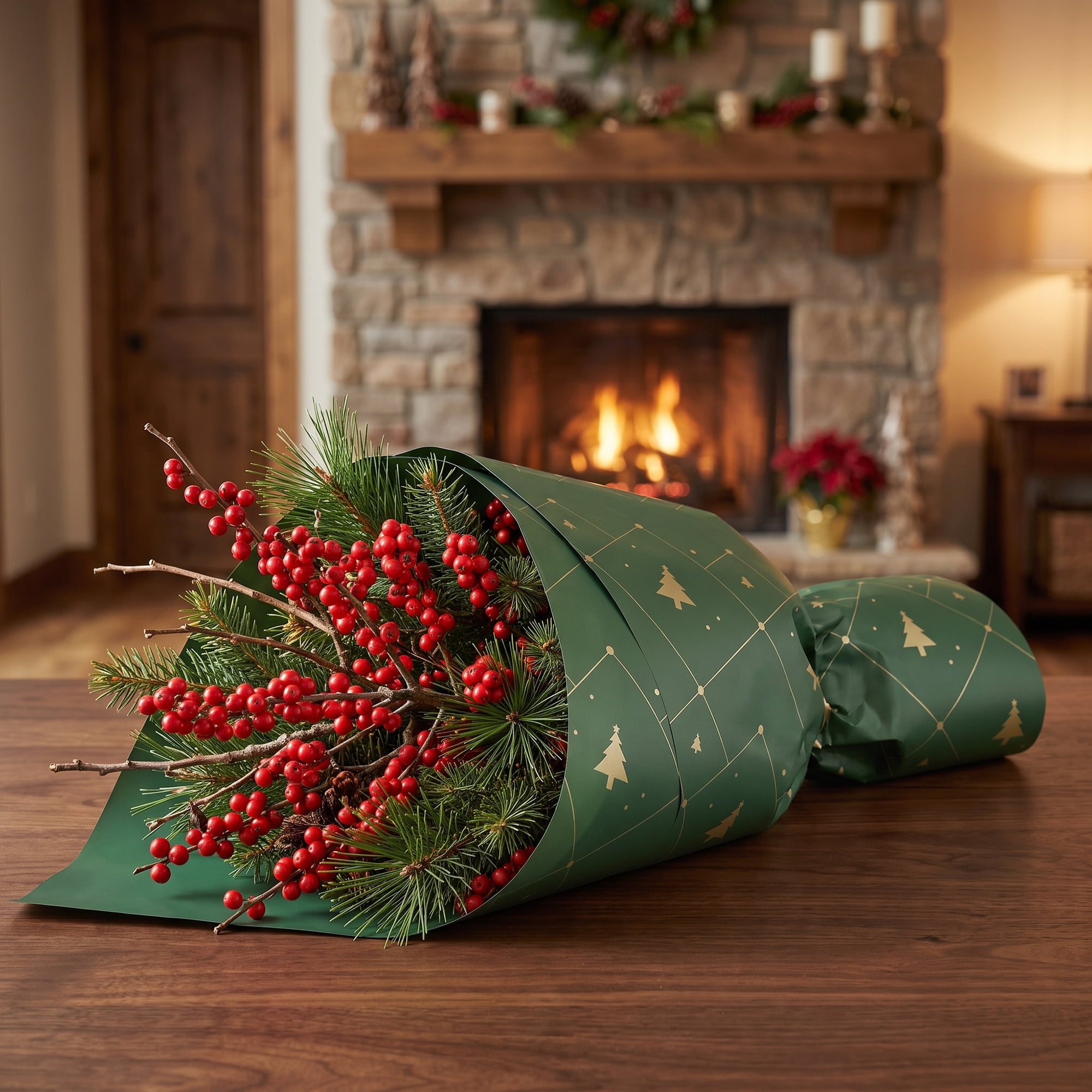 Unique Bargains Waterproof Matte Gift Wrap Paper for Bouquets Green Big Tree 22"x 22"