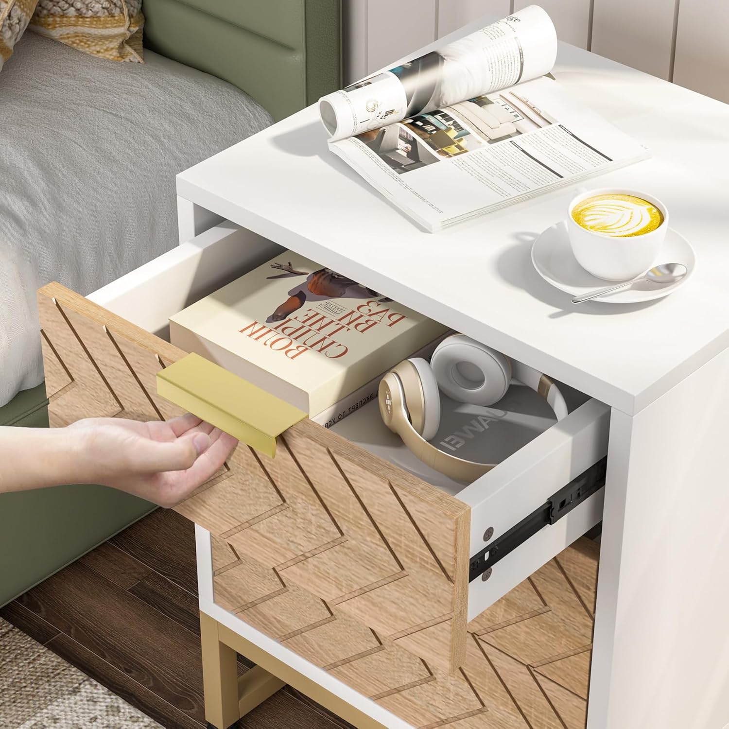 Tribesigns 3 Drawers Nightstand Set of 2, Modern Bedside Table with Unique Chevron Design for Bedroom (White & Wood Color)