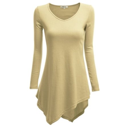 Ella Double V-neck Tunic - Doublju Womens Long Sleeve V-Neck Tunic Handkerchief Longline Tunic T-Shirt Dress