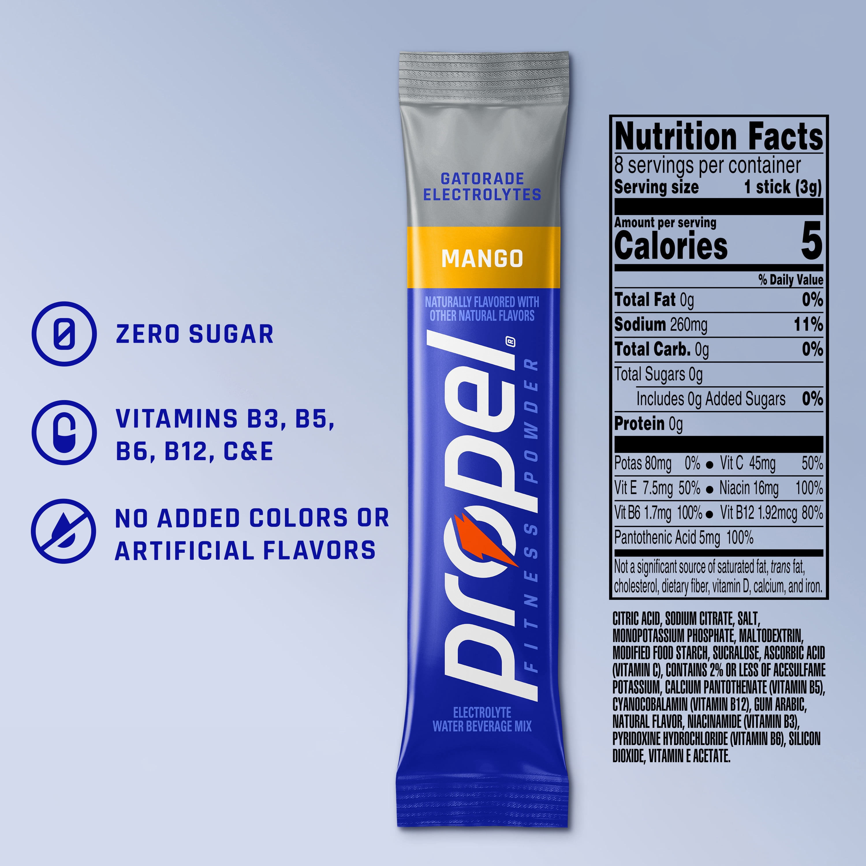 (12 pack) Propel Zero Sugar Mango, On the Go Packs, Electrolyte Powder Drink Mix, 0.11 oz, 8 Count packets