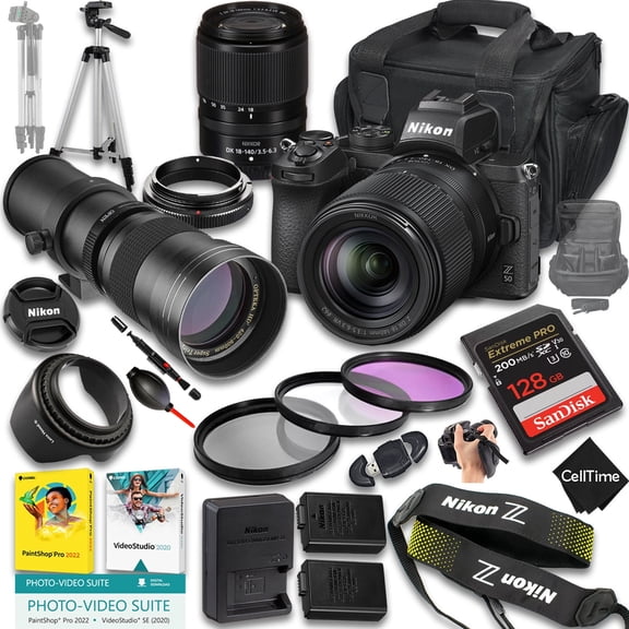 Nikon Z50 Mirrorless Camera with Z DX 18-140mm f/3.5-6.3 VR And 420-800mm f/8 Manual Super HD Telephoto Lens   128 GB Memory   Extra Battery   Camera Case   More (24pc Bundle) (International Version)