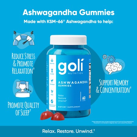 GOLI NUTRITION ASHWAGANDHA GUMMIES, MIXED BERRY FLAVOR, 60 COUNT