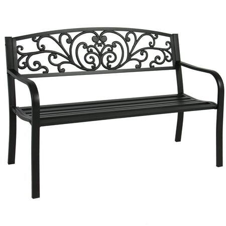 Patio Gates Designs Best Choice Products 50in Steel Outdoor Park Bench Porch Chair Yard Furniture w/ Floral Scroll Design, Slatted Seat for Backyard, Garden, Patio, Porch - Black ()
