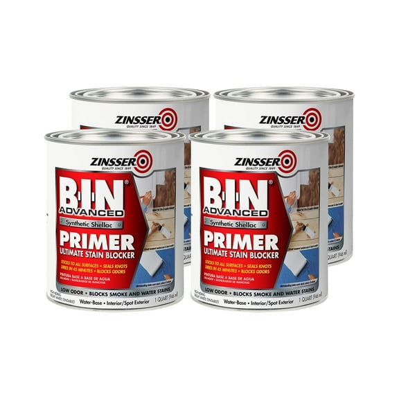 Rust-Oleum 271009 White Zinsser B-I-N Advanced Synthetic Shellac Primer, 1 Quart Can Pack of 4