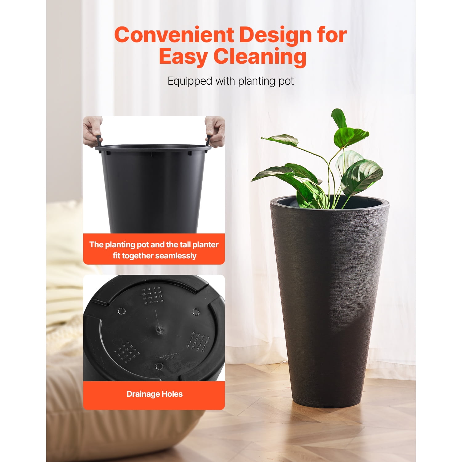 KFFKFF Duo Pack of 24inch Planters for Indoor and Outdoor Use, Black Circular Spacious Plant Containers for Patio or Front Porch, Tall Slender Flower or Tree Pots with Contemporary Styling