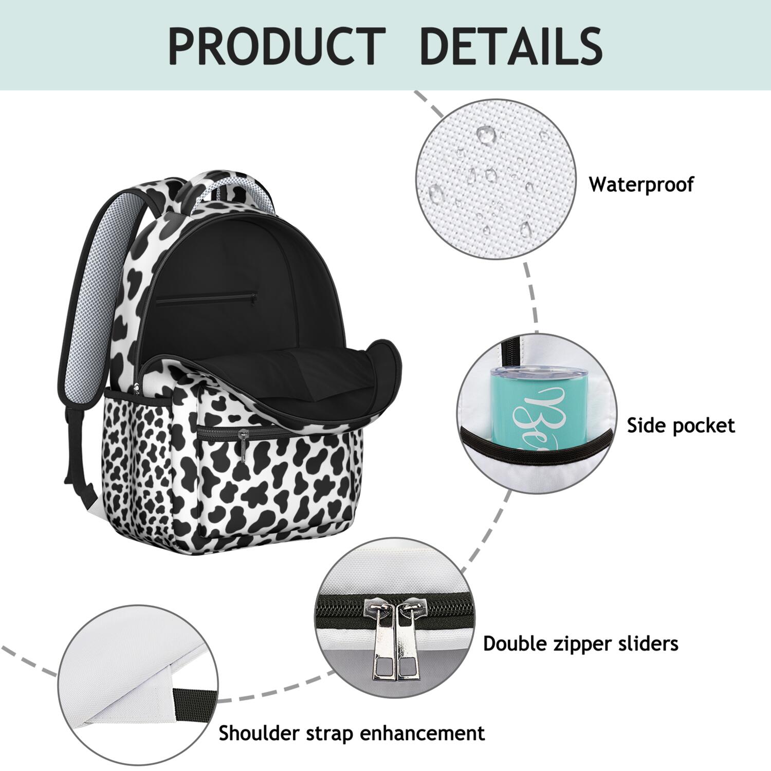 Cow Print Backpack for School,Schoolbag with Adjustable Shoulder Straps & Padded Back,15.3"x11"x7.1".