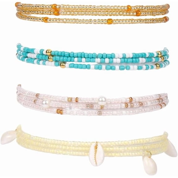 4Pcs Boho Waist Beads Adjustable Slim Chain Belts Seed Beaded Belly Chain Plastic Bikini Body Jewelry for Women Fashion Dresses Summer Beach Gold 820mm Gold