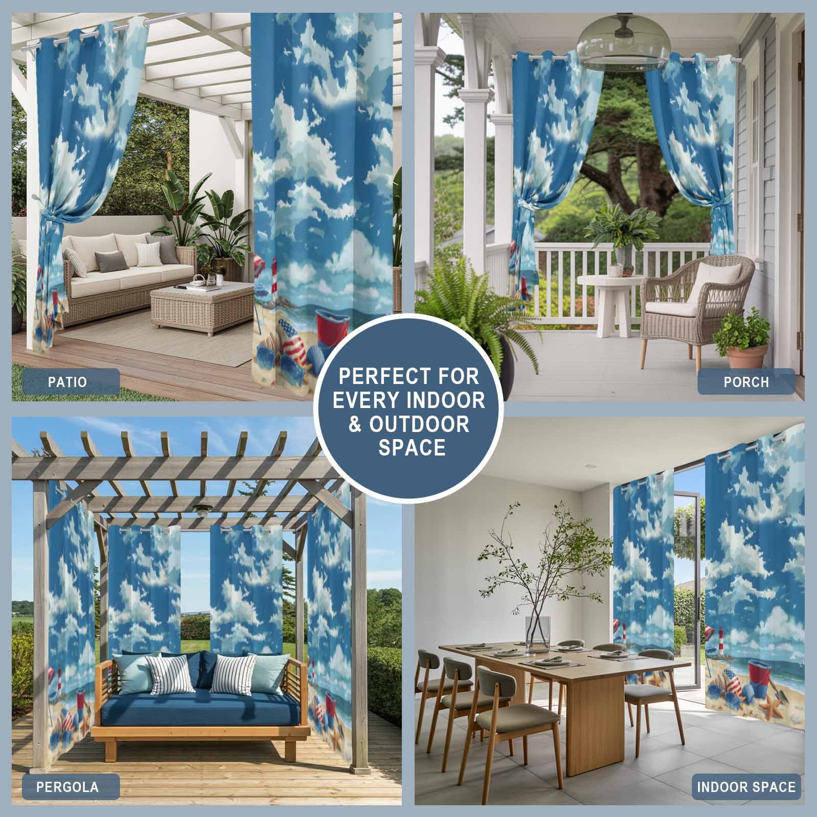 Summer Beach Outdoor Curtains for Patio, Ocean Blue Sky Shell Umbrella Sea Star Sunshade Privacy Drapes Grommet Waterproof Outside Curtains for Porch/Cabana/Balcony 54"x 108", 1 Panel