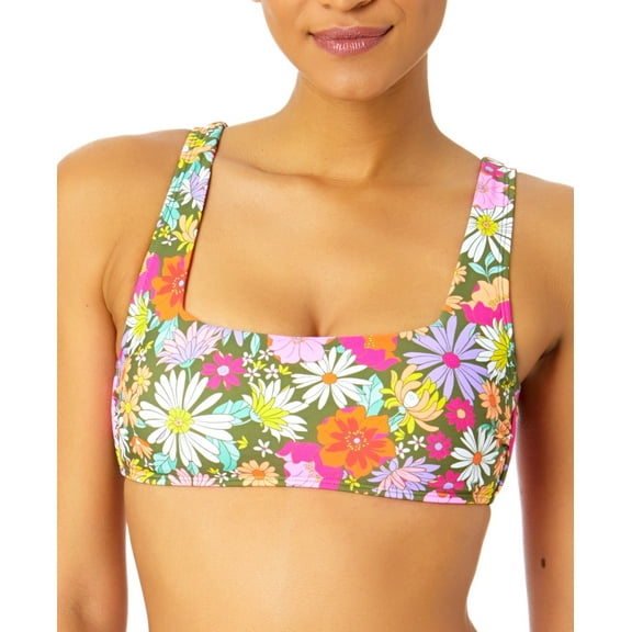 Salt   Cove Women's Juniors' Green Floral Square-Neck Bikini Top Swimwear Size S