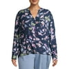Terra & Sky Women's Plus Size Long Sleeve Floral Wrap Front Top with Knit Back