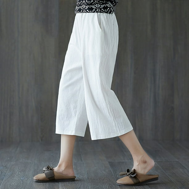 Flmtop Summer Women Elastic Loose Wide Leg Straight Solid Color Capri Pants  Trousers