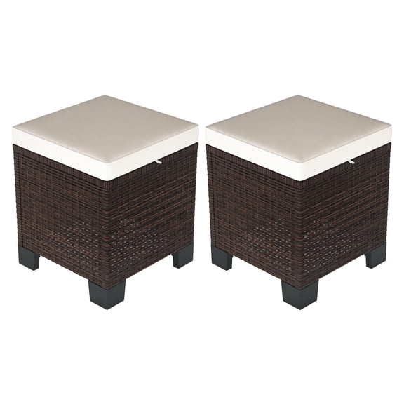 Wicker Outdoor Ottomans 2 Piece Set, Rattan Footrest Stool, Patio Side Table with Cushions, Beige