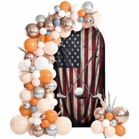 American Flag Arch Backdrop Cover 7.2Ft, Wedding Arch Covers Stretchy Backdrop, Vintage Dimpled Golf Ball USA Flag Fitted 2 Sided Arched Photo Background for Birthday Party Decorations