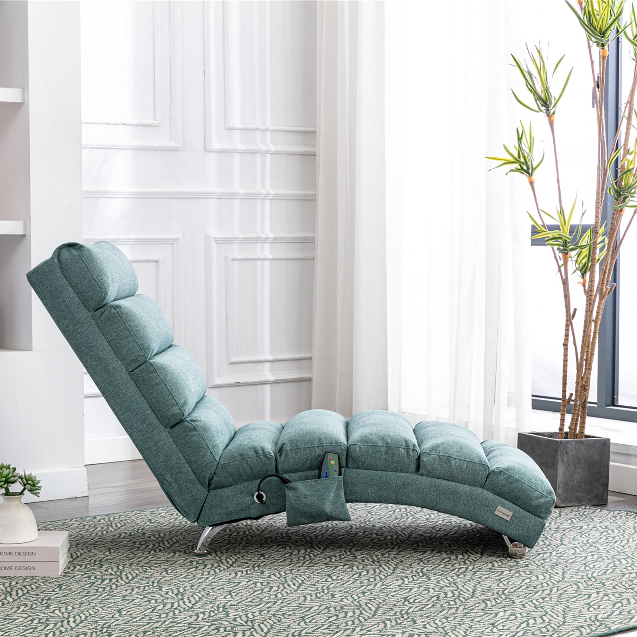 Noble House Upholstered Chaise Lounge Chair with Vibration, Linen Fabric Leisure Recliner, Teal