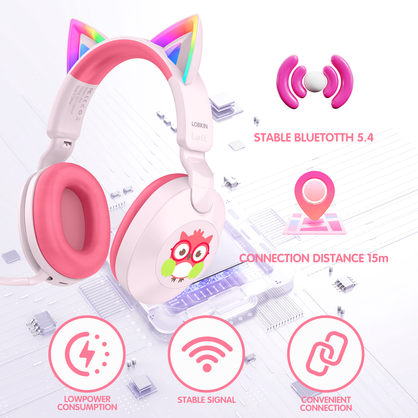 LOBKIN Kids Bluetooth Headphones,Lightweight Wireless Headphones for Kids,85dB Volume Limited,Foldable,35 Hours Playtime,Bluetooth 5.4, Over-Ear Toddler Headsets with Built-in Mic,Pink