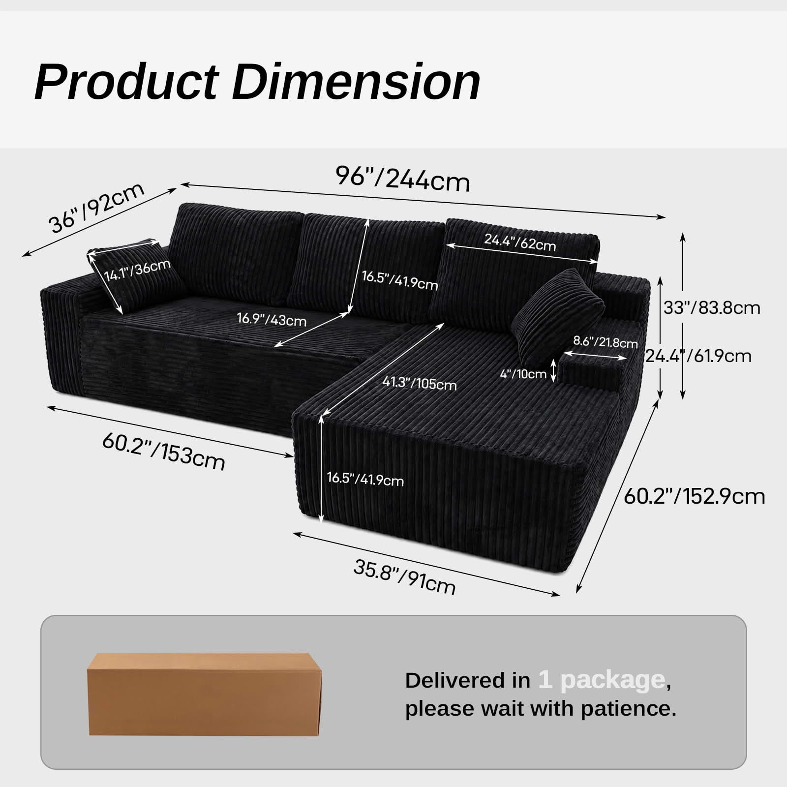 MAYEERTY 96" Black Corduroy Boneless L-Shaped Cloud Sectional Sofa, Compressed No Assembly Couch for Small Living Room