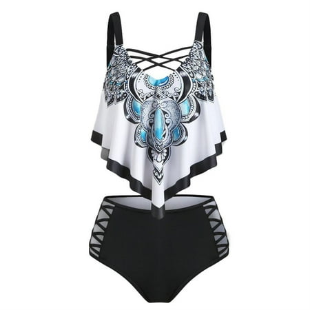 Summer Savings Clearance! Edvintorg Swimsuits For Women Two Piece Bathing Suits Vintage Boho Print Ruffled Flounce Crisscross Tankini Top With Side Tie High Waisted Bottom Bikini Set