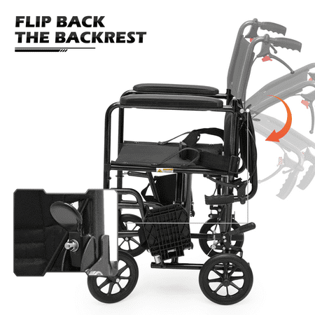 monicare *FDA APPROVED* Lightweight Transport Wheelchair with 16" Seat, Folding Transport Chair with Swing Away Footrests and Flip Back Backrest, Black