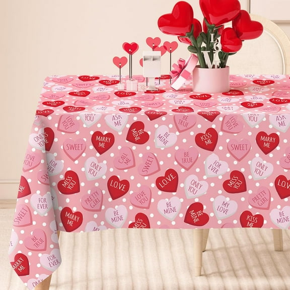 60 x 102 Inch Valentine''s Day Tablecloth Pink Candy Love Heart Dot Fabric Table Cloth Washable Table Cover for Wedding Anniversary Party Home Kitchen Decor