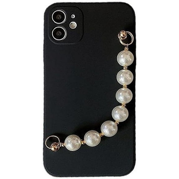 Designed for iPhone Case,Cute Silicone with Pearl Hand Bracelet Camera Lens Protection Shockproof Protective Cover Phone Case (Black,iPhone 15 Pro Max)