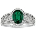 thumbnail image 2 of 14k Solid White Gold Vintage Style Oval Created Emerald and Diamond Halo Birthstone Engagement Ring, 2 of 6