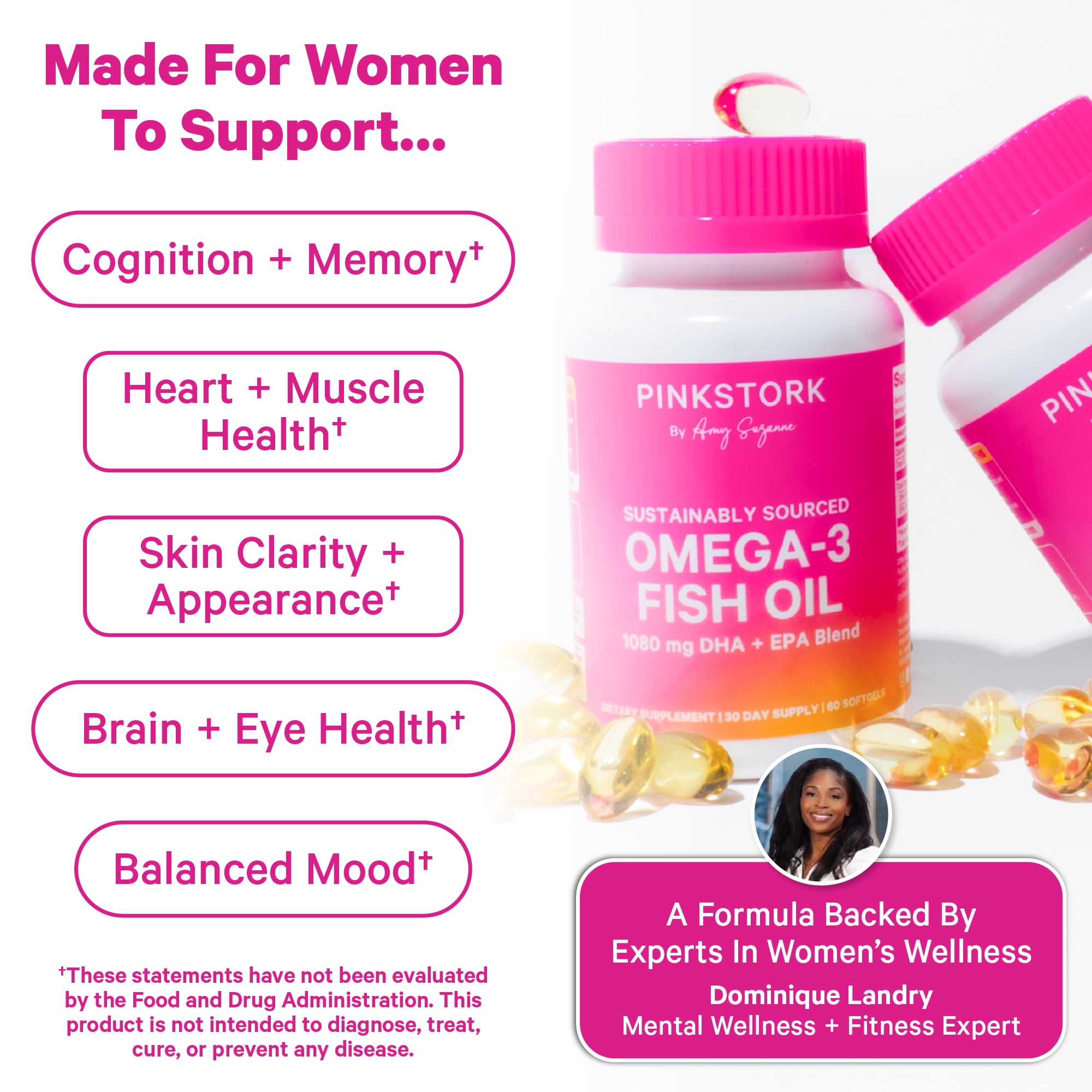 Pink Stork Omega 3 Fish Oil Supplements DHA and EPA for Cognitive Health- 60 Softgels