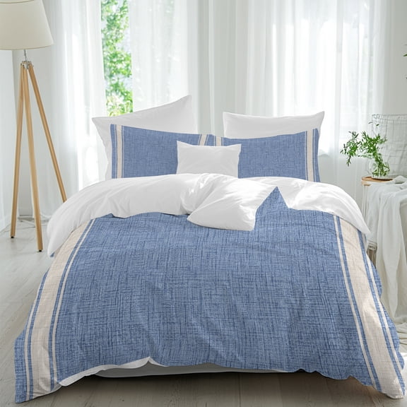 Duvet Cover Twin Size 3 Piece Bedding Set, Blue Stripe Vintage Beige Art Soft Breathable Comforter Cover with 2 Pillow Shams, Summer Coastal Theme Luxury Duvet Covers with Zipper Closure