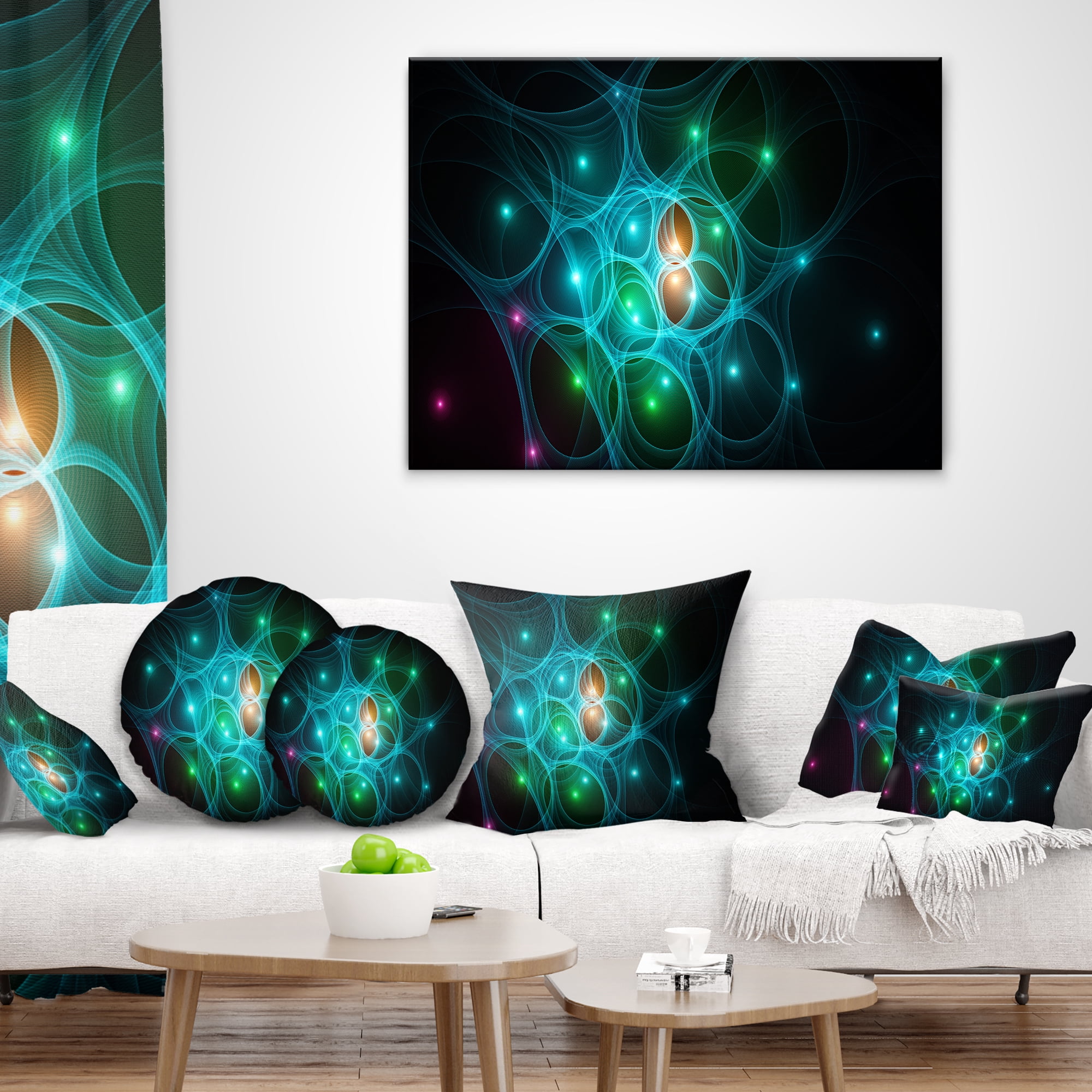 Designart Light Blue Fractal Space Circles - Abstract Throw Pillow - 12x20