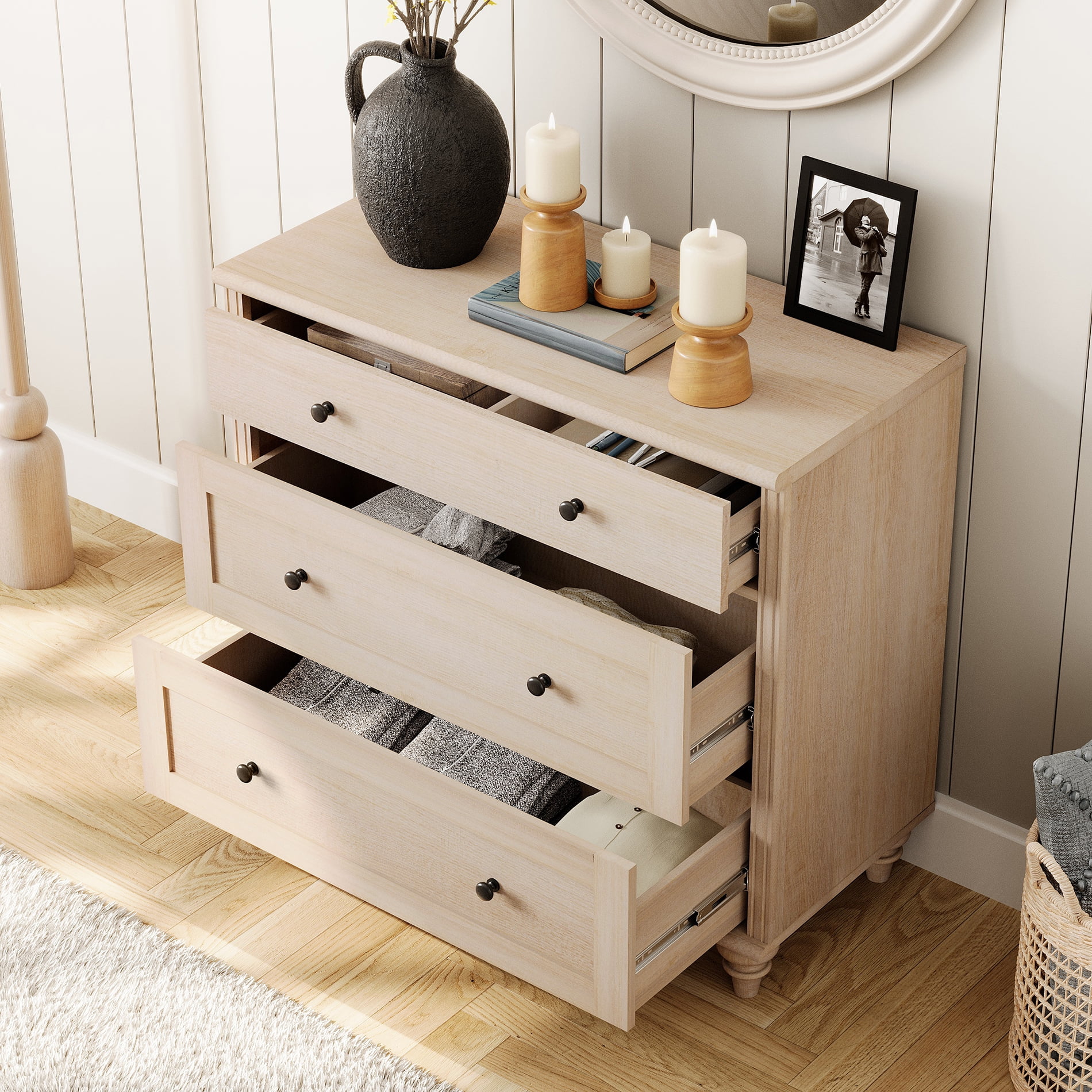 Farmhouse 3-Drawer Nightstand, Large Wooden Bedside Table, Wide Sofa Side End Table with 3 Drawers, Chest of Drawers for Living Room and Bedroom, Beige, 34 Inches