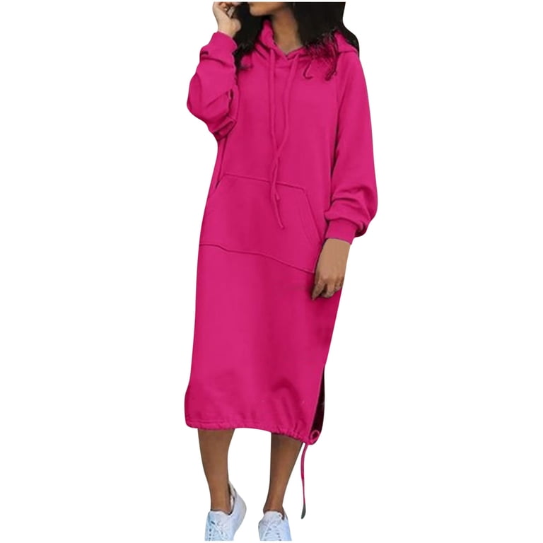 RYDCOT Women's Sweatshirt Dresses Casual Loose Fitting Pullover Sweatshirt  Long Sleeve Split Hem Hoodie Dress with Kangaroo Pocket Sale Hot Pink -  Walmart.com