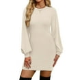 thumbnail image 3 of Women's Casual Dress Long Sleeve Round Neck Solid Color Classic Fit Midi Dress for Spring Fall Daily Wear,Beige,L, 3 of 6