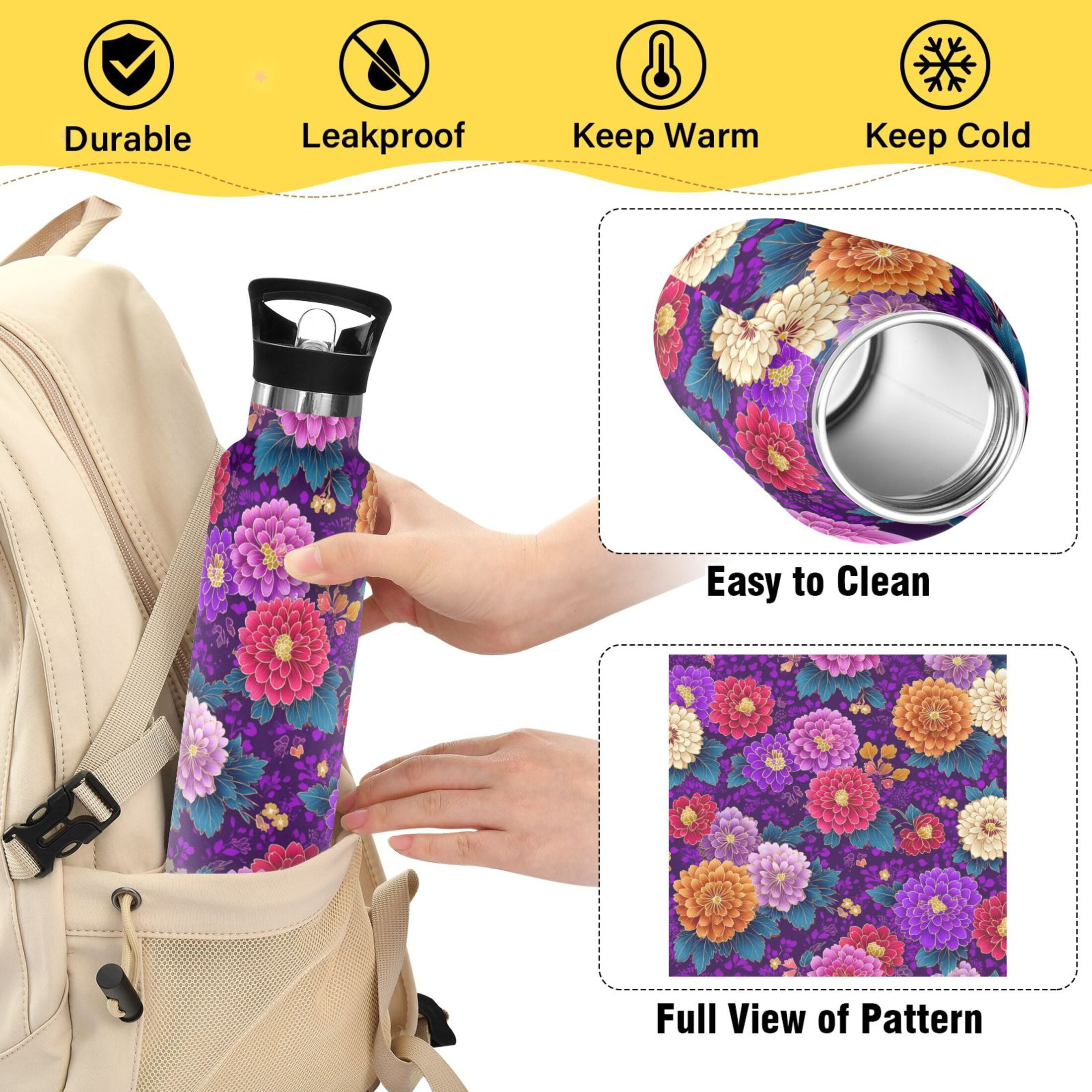 600ML Stainless Steel Insulated Cup Sports Water Bottle Portable Thermos Cup Water Glasses Insulated Tumblers Convenient and Durable Japanese Flowers