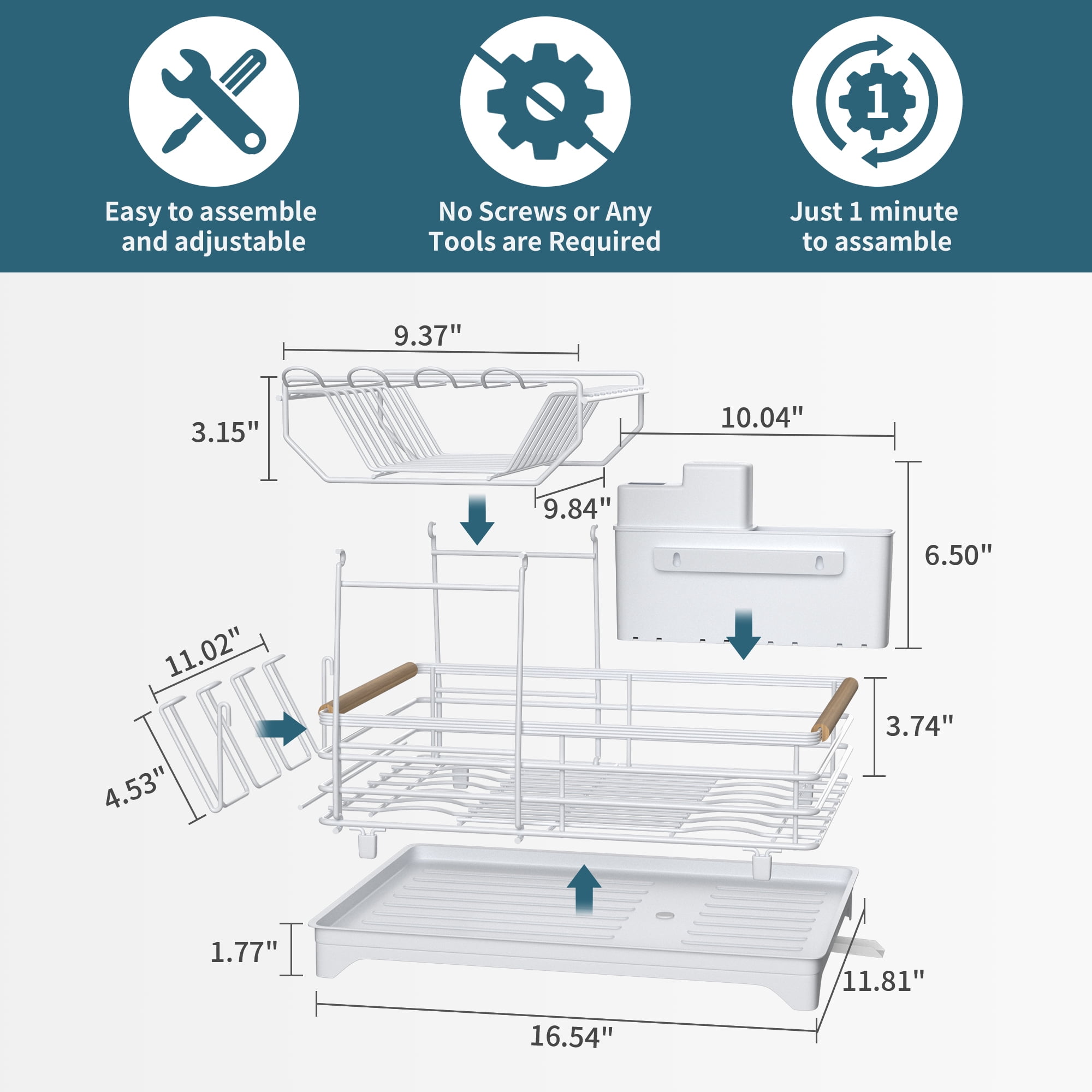 Innovaze Metal Dish Drying Rack, 2 Tier Compact Dish Rack w/Bamboo Holder for Kitchen Counter, White