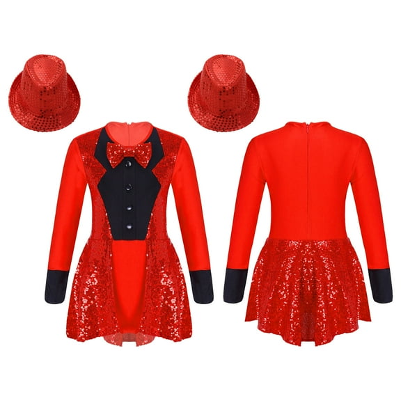 renvena Kids Girls Long Sleeve Bow Tie Sequins Patchwork Zipper Leotard with Hat Cosplay 4-14 Red 8