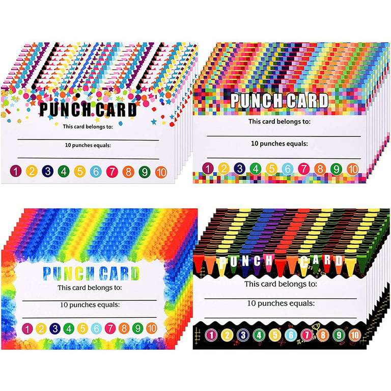 Andaz Press Colored Pencils Reward Punch Cards, Loyalty Cards for Small Business Customers, Incentive Award Card, 100-pk, White