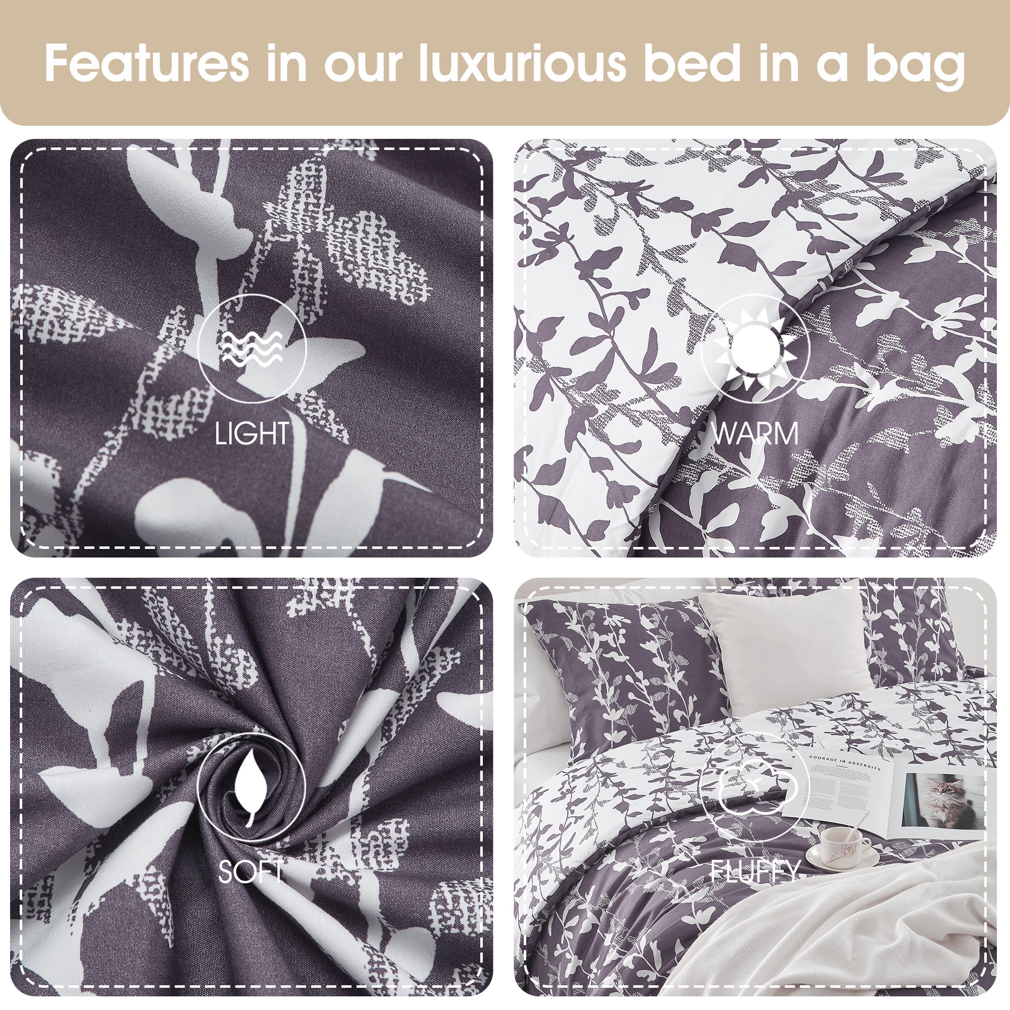 Nanshing 3 Piece Grayish Purple Comforter Set, Queen Size Solid Microfiber Print Bedding Set,All Season Leaves Bedding